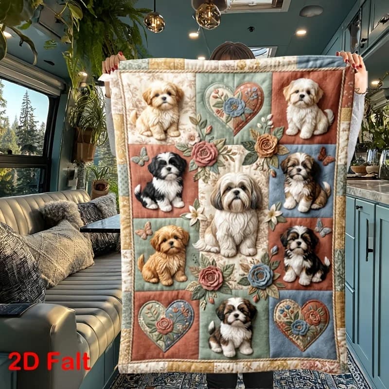 Patchwork Shih Tzu Puppy Floral Heart Print Flannel Throw Blanket, Warm Cute Dog Blanket for Pet Lover Kids Bedroom Sofa