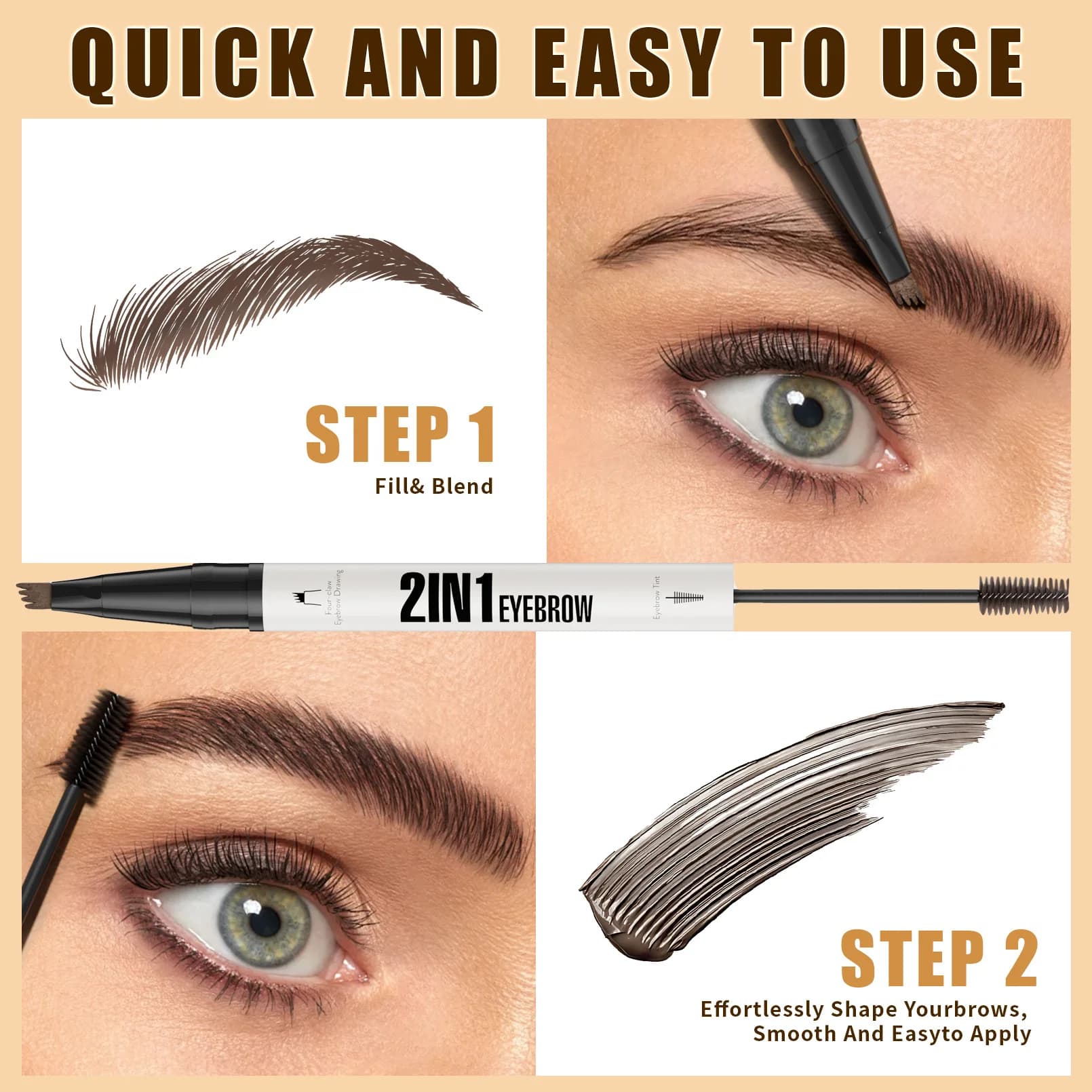Matita per Sopracciglia Impermeabile a Doppia Punta con 4 Punte, Mascara per Sopracciglia 2 in 1, Penna Liquida 3D per Sopracciglia, Trucco per Sopracciglia di Tendenza