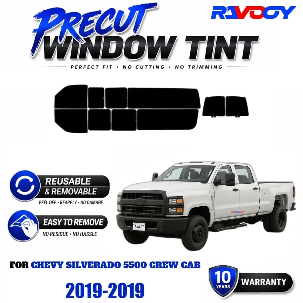RAVOOY Precut Window Tint, Reusable Removable EPU Film, Custom Fit for Chevy Silverado 5500 Crew Cab 2019, UV Heat Protection