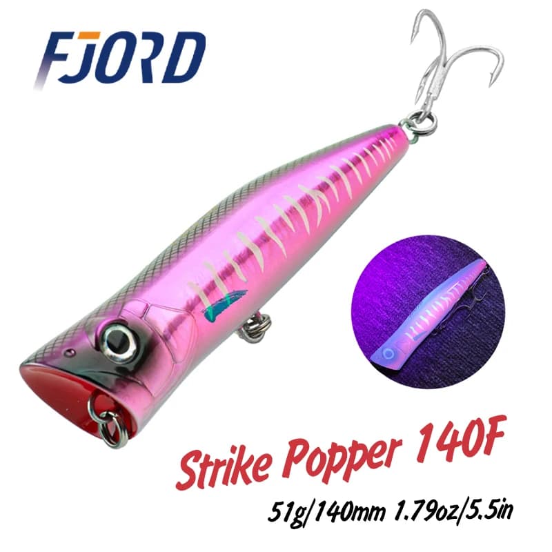 FJORD 140mm 51g Popper Richiamo di Pesca Mare Acqua Salata Esche Dure Galleggiante Effetto UV Swimbaits Superficie Tonno Topwater Esche Artificiali