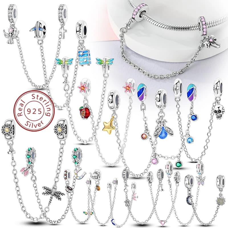 Nuovo originale catena di sicurezza chiusura clip di fascino tallone argento sterling 925 cuore fiocco stella luna braccialetto adatto regalo gioielli donna ragazza fai da te