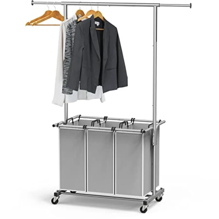 3 Bags Laundry Sorter Cart with Hanging Rod, Extendable Width from 30.6 to 48", Removable 3-Section Laundry Basket