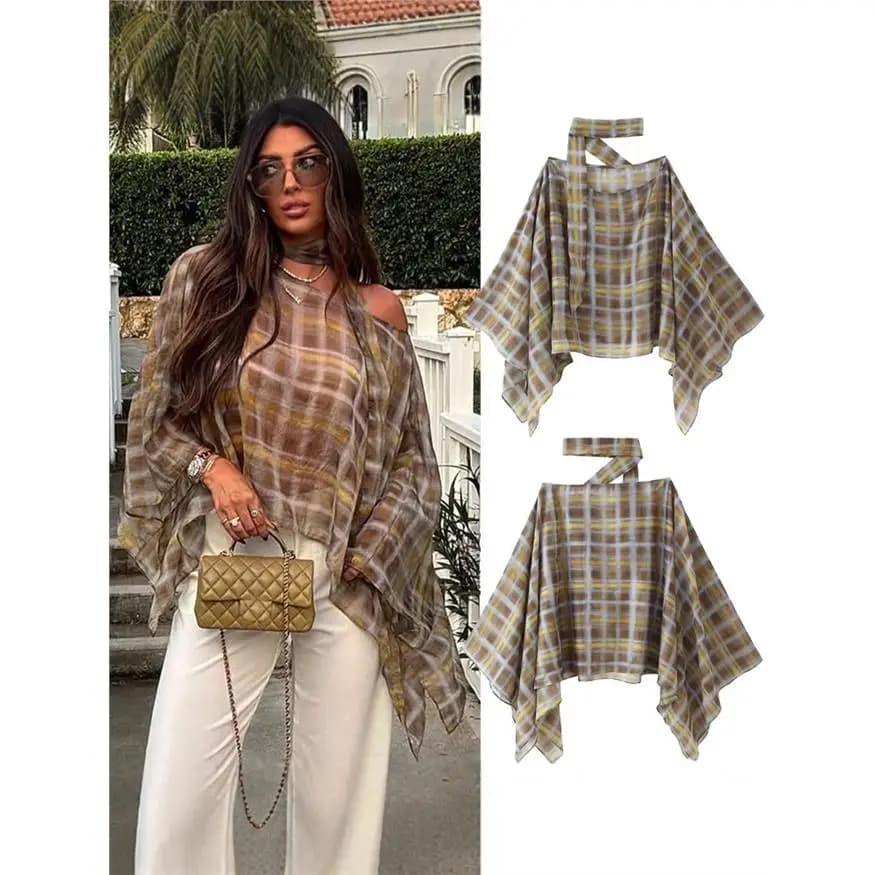 Camicia a scacchi da donna primavera autunno con sciarpa e mantello, in fibra di poliestere, con stampa a maniche ad A e design che accentua la vita, non elasticizzata