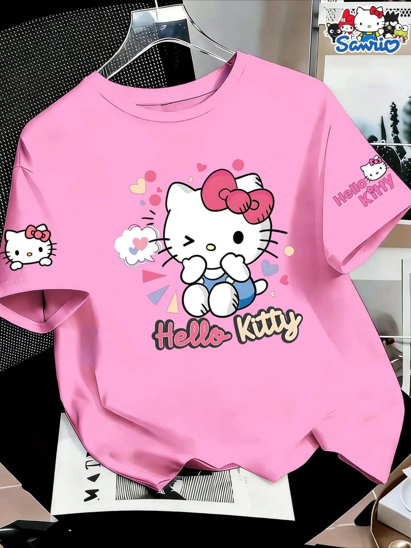 T-shirt estiva da donna Katy Pink Ribbon con motivo seduto, alla moda e versatile, adatta per l'uso quotidiano, in cotone