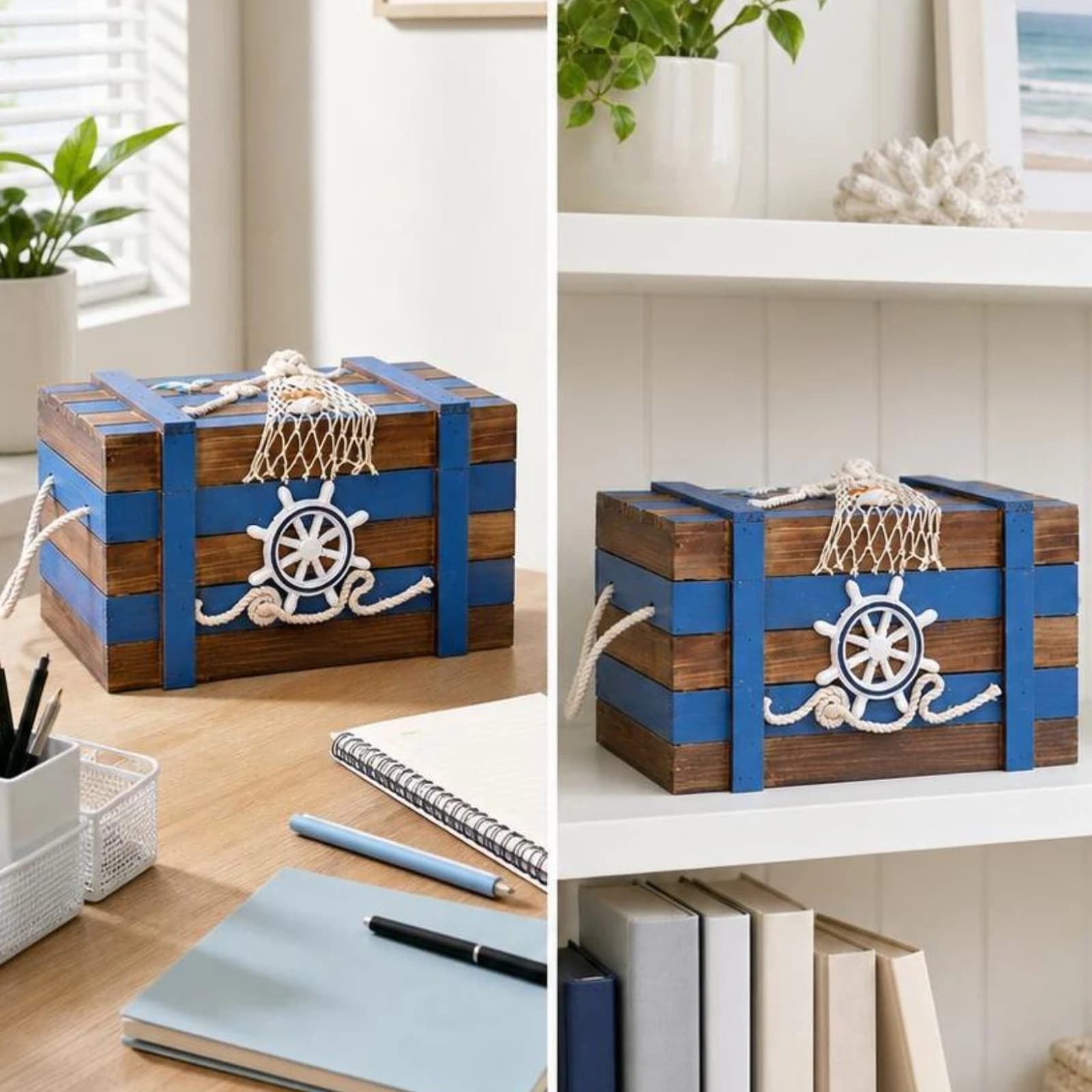3 Pieces Nautical Storage Box Distressed Coastal Decorative Box Weathered Slatted for Decorators, Home Decor, Entryway