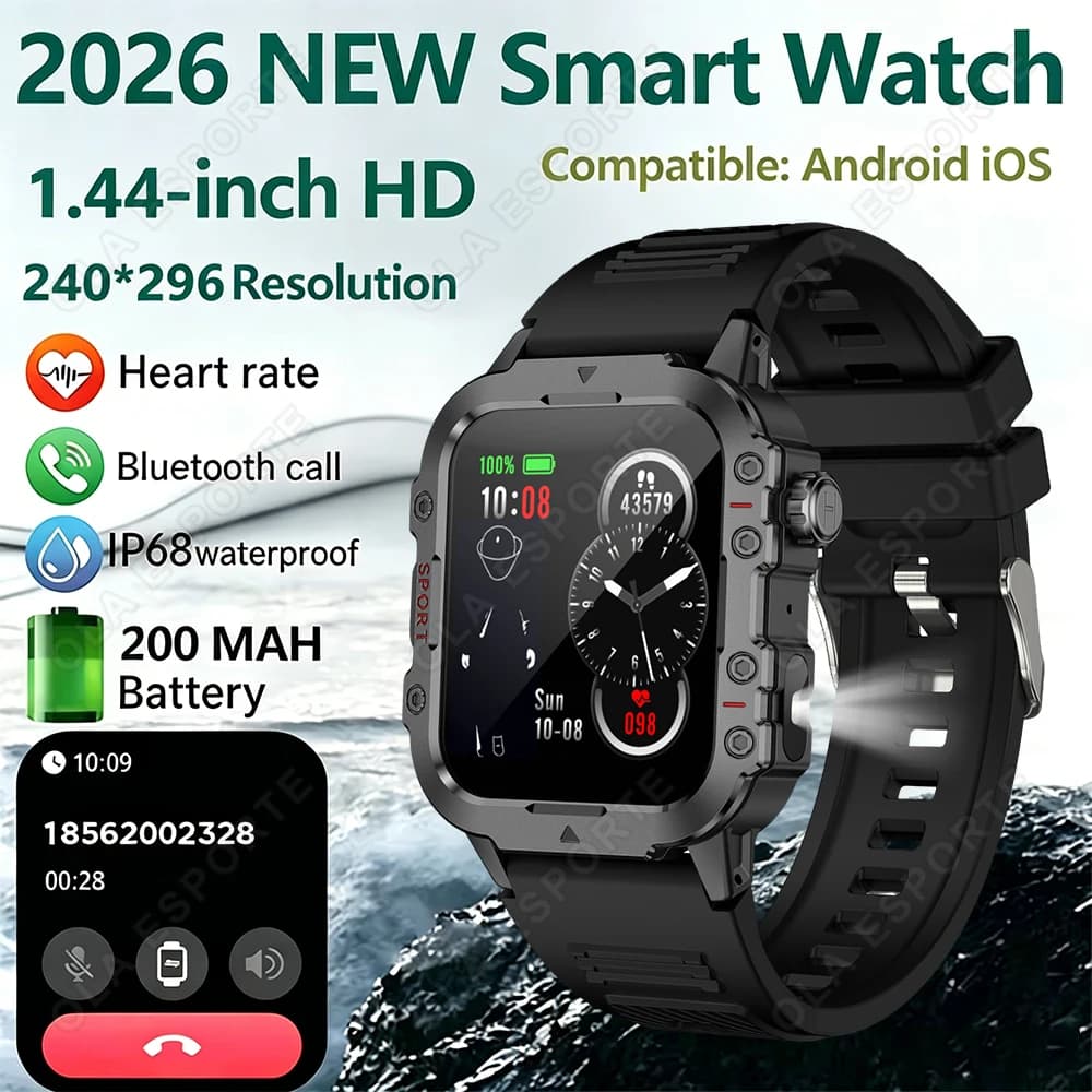 Nuovo Smartwatch Militare da Esterno 2026 con Schermo AMOLED da 1,44 Pollici, Monitoraggio Frequenza Cardiaca, IP68, Chiamate Bluetooth, Torcia LED - Smartwatch HW12