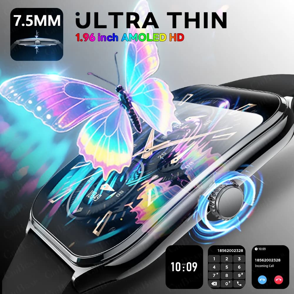 2025 New 7.5MM Ultra Thin Smart Watch Men 1.96"AMOLED Screen Always Show Time Heart Rate Sport Waterproof BT Call Smartwatch