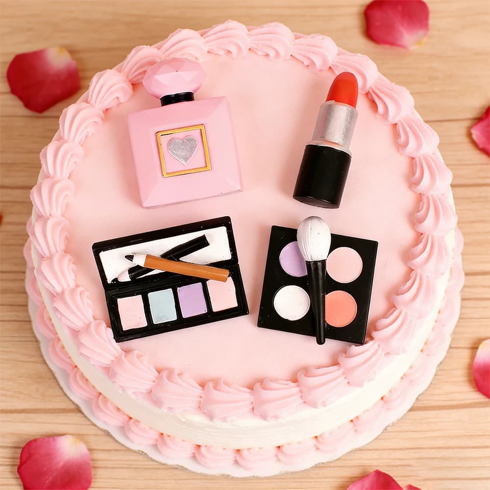 Set of cosmetic theme cupcake decorations for birthday parties of girls, with lipstick, perfume, umbrella, for lady and mom.