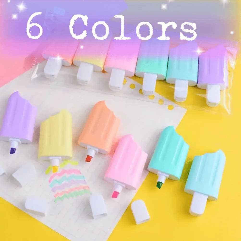 Set di 6 Evidenziatori a Forma di Gelato, Penne Colorate per Scuola e Ufficio