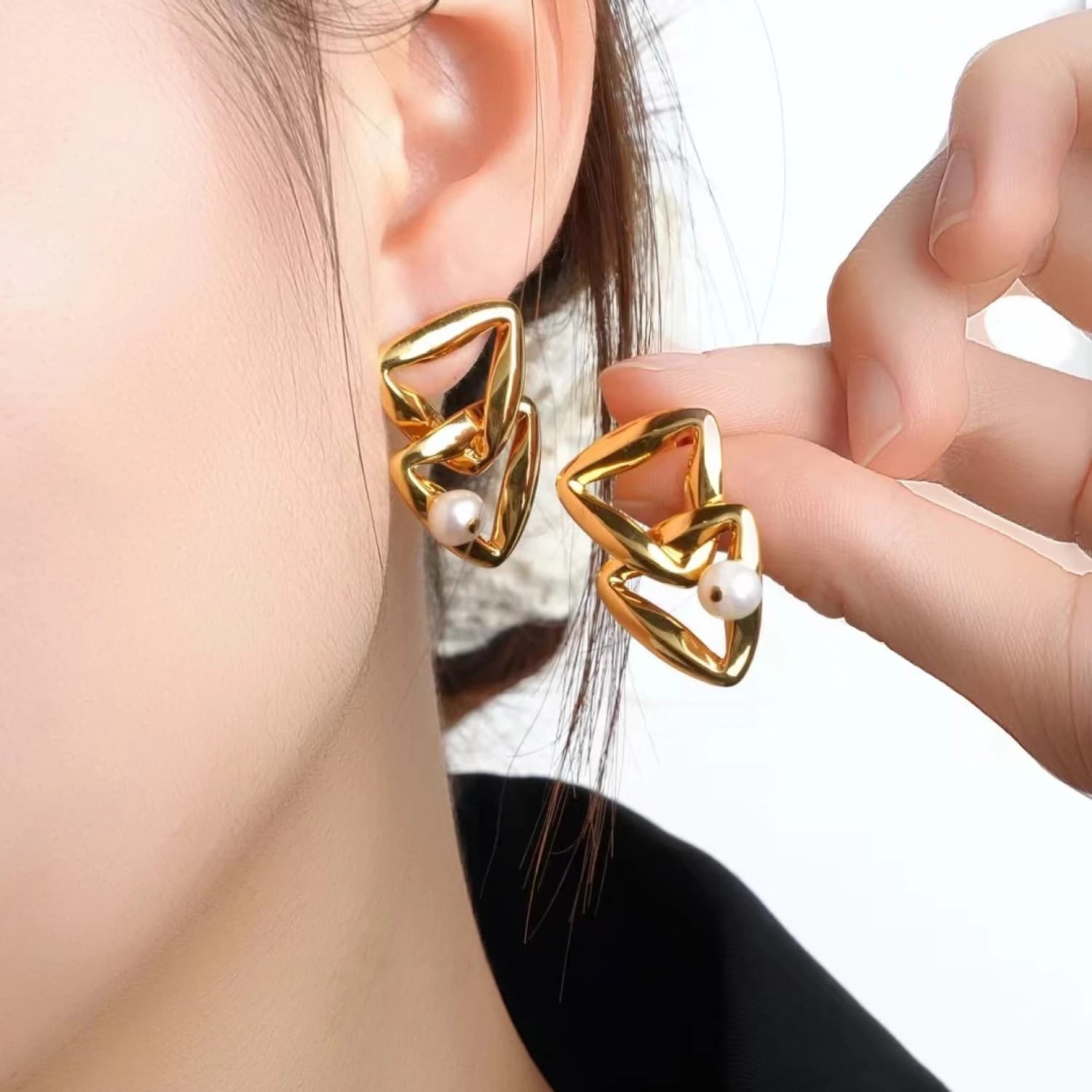 YAJUNIEL Geometric Pearl Stud Earrings for Women 24K Gold Plated Hypoallergenic Brass Triangle Statement Brand Jewelry