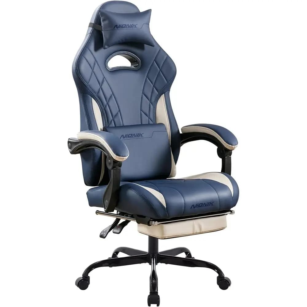 Sedia da Gaming Ergonomica Blu con Poggiapiedi e Supporto Lombare Massaggiante per Uso Confortevole in Ufficio e Videogiochi