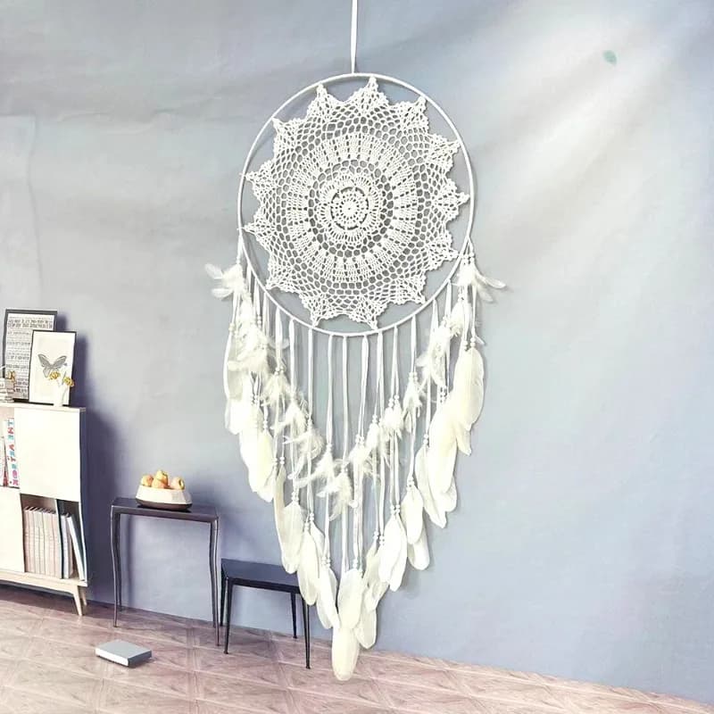 1pcs Minimalist Dream Catcher Polyester Crochet Lace Feather Bohemian Wall Hanging Decor