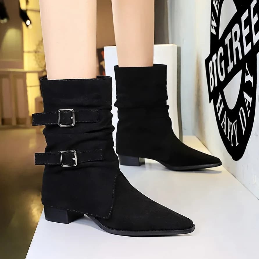 BIGTREE Autunno Inverno Quadrato Tacchi alti bassi Stivaletti da donna Stile punk vintage Fibbia per cintura Punta tonda Scarpe da donna