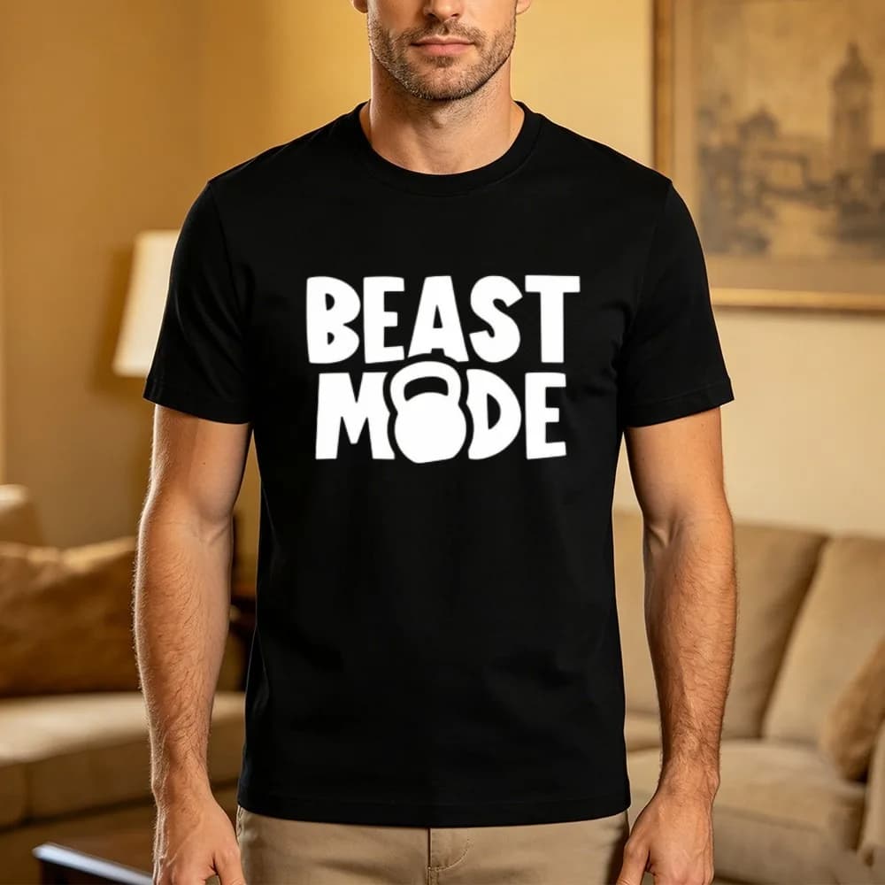 Beast Mode Kettlebell Bold Text Graphic T Shirt Gym Motivation Print Men's Tees Weightlifting Fitness Enthusiast Cotton Tops
