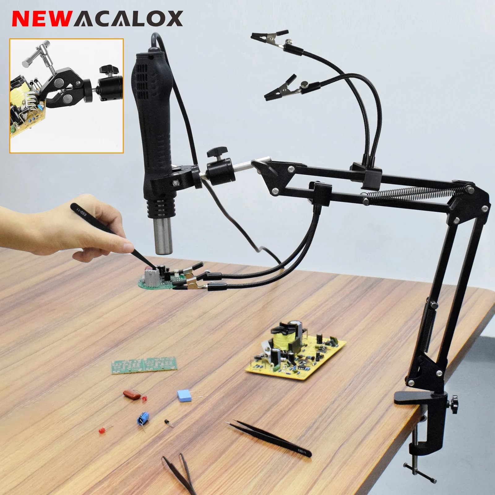 NEWACALOX Saldatura Strumento di terza mano Telaio pistola termica regolabile Supporto PCB Saldatura Mani aiutanti per la riparazione dell'assistente dissaldante
