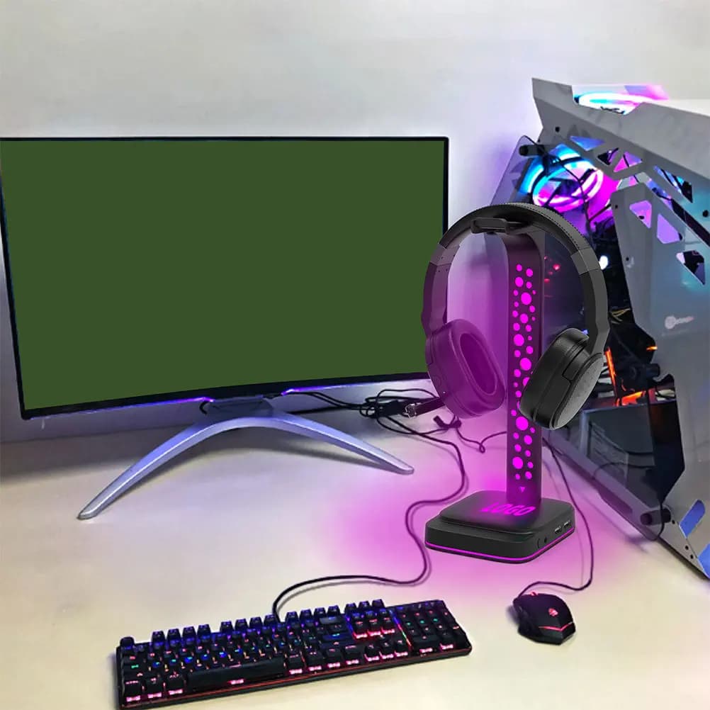 Supporto per auricolari con base RGB stabile, caricatore USB, supporto da scrivania universale per gaming, ufficio e casa