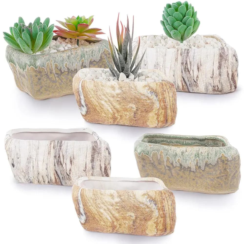 Set di 6 Vasi in Ceramica per Piante Grasse da 5,3 Pollici, Forma di Pietra, Contenitori Rettangolari con Foro di Drenaggio per Cactus e Piante Succulente