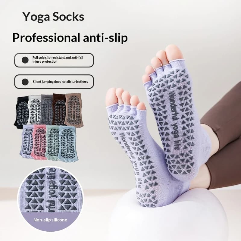 Calzini Antiscivolo per Yoga e Pilates da Donna, Calzini Fitness in Cotone Traspirante a Cinque Dita con Grip, Pantofole per Allenamento e Barre