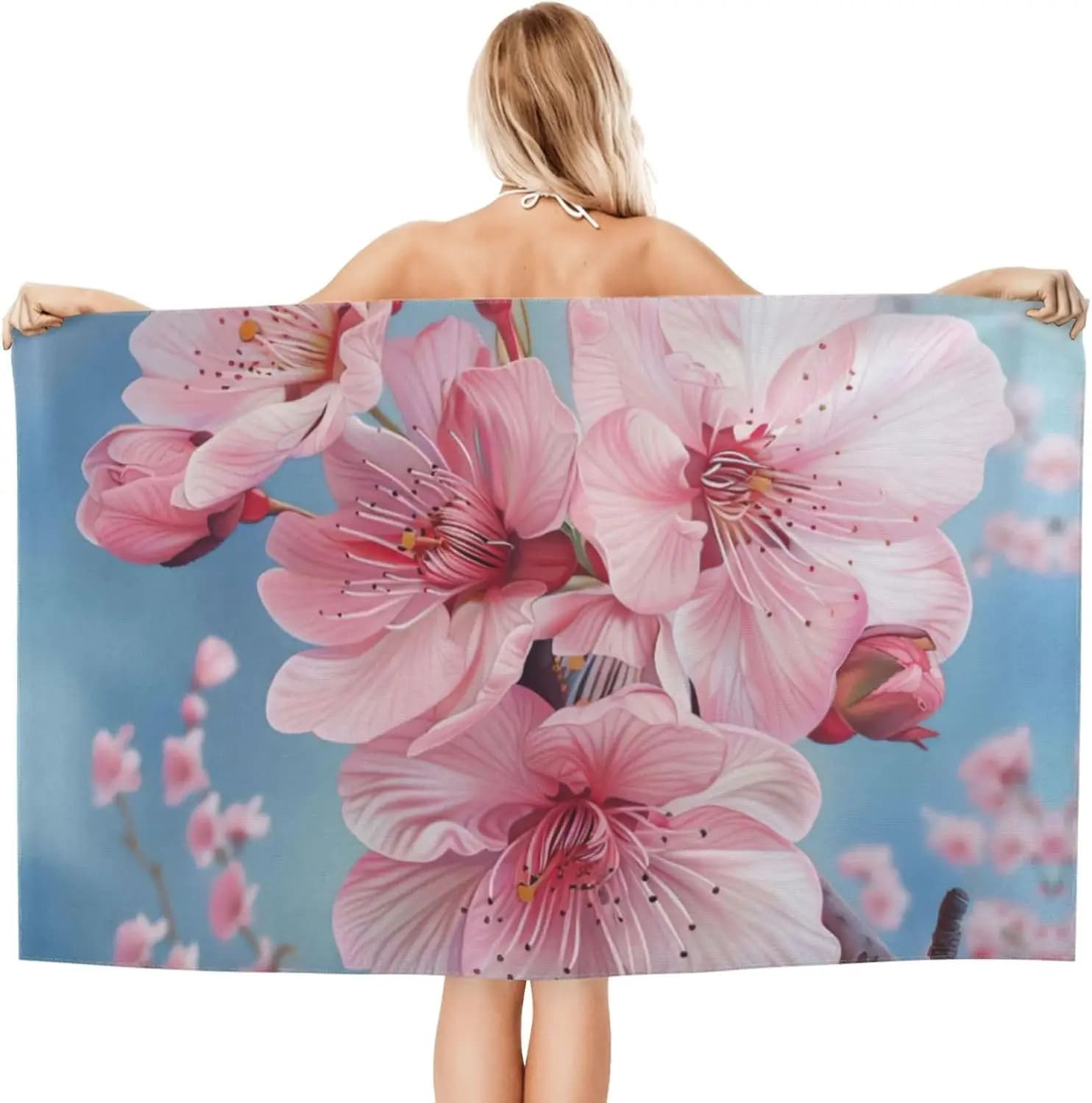 Telo mare con stampa fiori di ciliegio – Morbida microfibra, assorbente, ad asciugatura rapida per piscina, spiaggia, bagno, viaggi – Premium per adulti