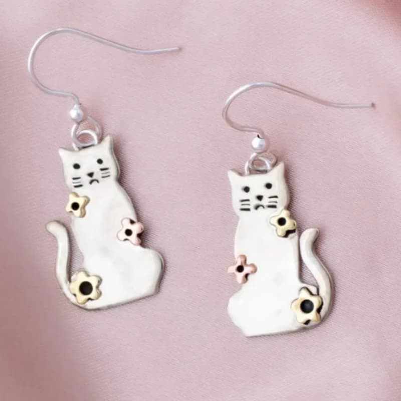 Cute Hand Carved Flower Cat Dangle Women's Earrings Three Color Metal Daily Wear Party Jewelry Anniversary Gift