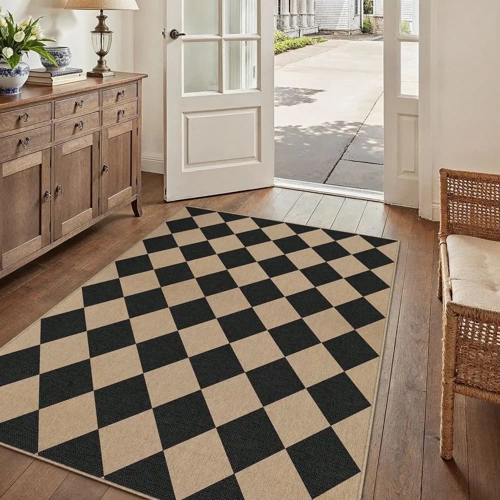 Tappeto in iuta Rainbow Easy 2X3 2X8 3X5 5X7 6X9 8X10, lavabile, per ingresso, stile rustico, nero, per patio, antiscivolo, per interni.