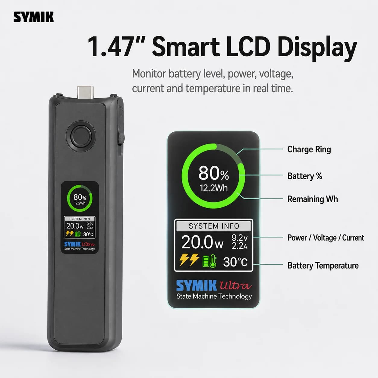 SYMIK Smart Battery Grip 5000mAh 22.5W USB-C Power Bank Handle 1/4 Port for DJI Osmo Pocket 4P 4 3
