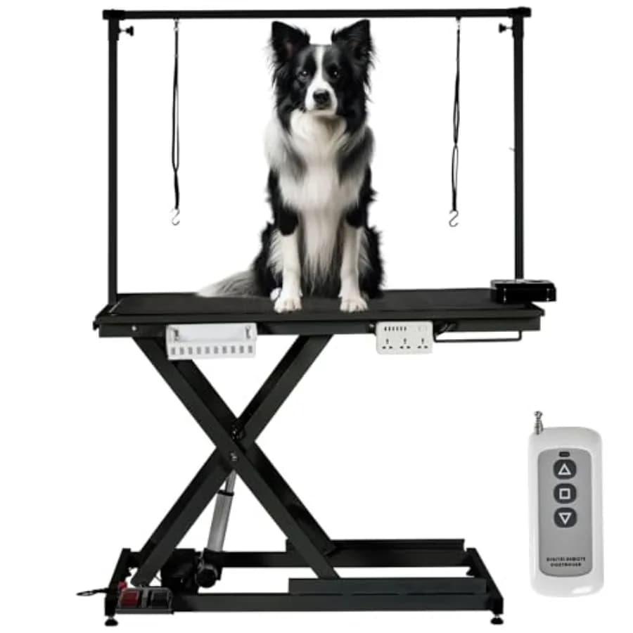 Tavolo Elettrico per Toelettatura Cani 50 Pollici, Tavolo Idraulico per Toelettatura Animali, Postazione per Toelettatura Cani con Braccio Superiore in Alluminio e Linguetta Antiscivolo
