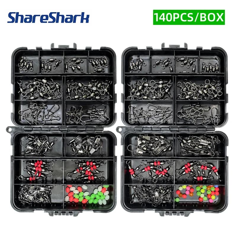 Set of fishing accessories ShareShark 140 pieces, baits, girelles, stoppers and beads with black box, suitable for fishermen.