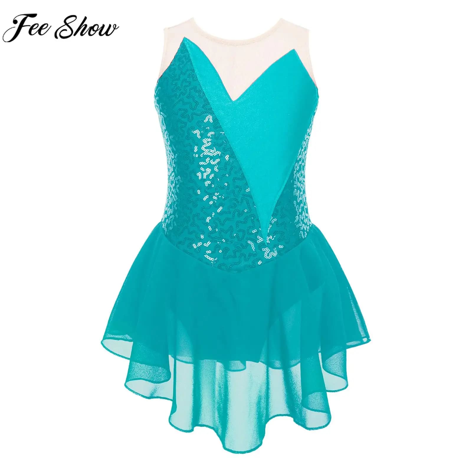Ragazze Balletto Figura Pattinaggio su ghiaccio Vestito da ballo Ginnastica Acrobazie Performance Dancewear Paillettes lucide Abiti body in rete trasparente