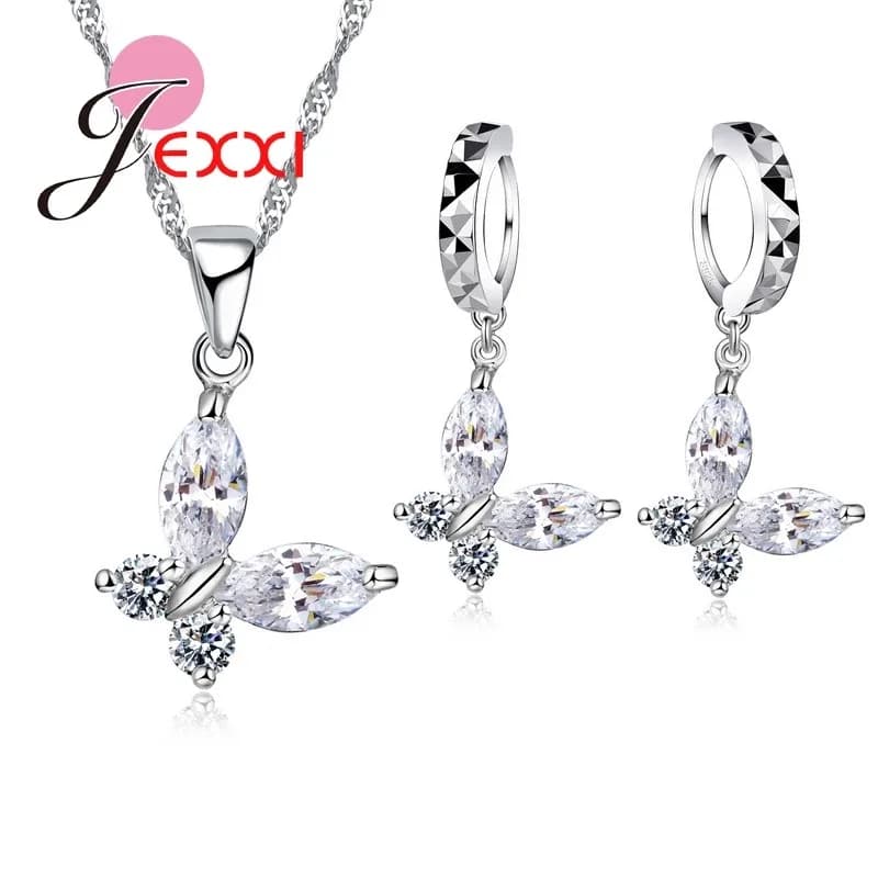 Miglior regalo da donna Collana con pendente a farfalla in argento sterling 925 con zirconi cubici Orecchini pendenti in cristallo Collare Brincos El