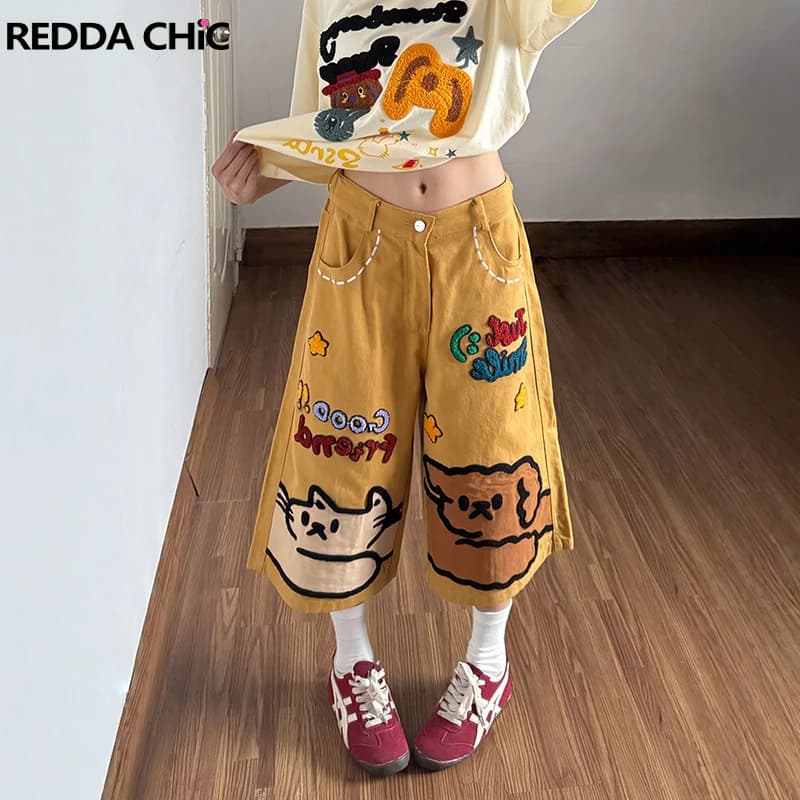ReddaChic Kawaii Denim Bermuda Shorts Women Summer New In Cartoon Flocking Elastic Waist Baggy Cropped Jeans Vintage Streetwear