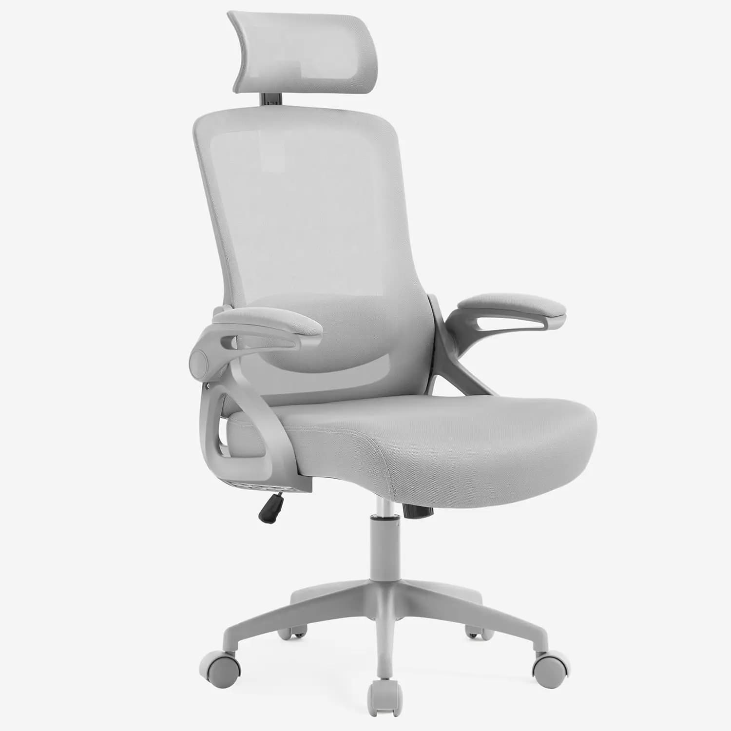 Sedia da ufficio ergonomica con poggiatesta regolabile, supporto lombare e braccioli ribaltabili per casa o gaming - Grigia