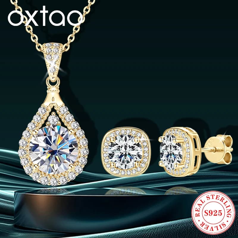 OXTAO 6.5mm 1ct D Colore Moissanite Set di gioielli per le donne Reale 925 Nastro Goccia d'acqua Collana con pendente Orecchini Regalo di nozze