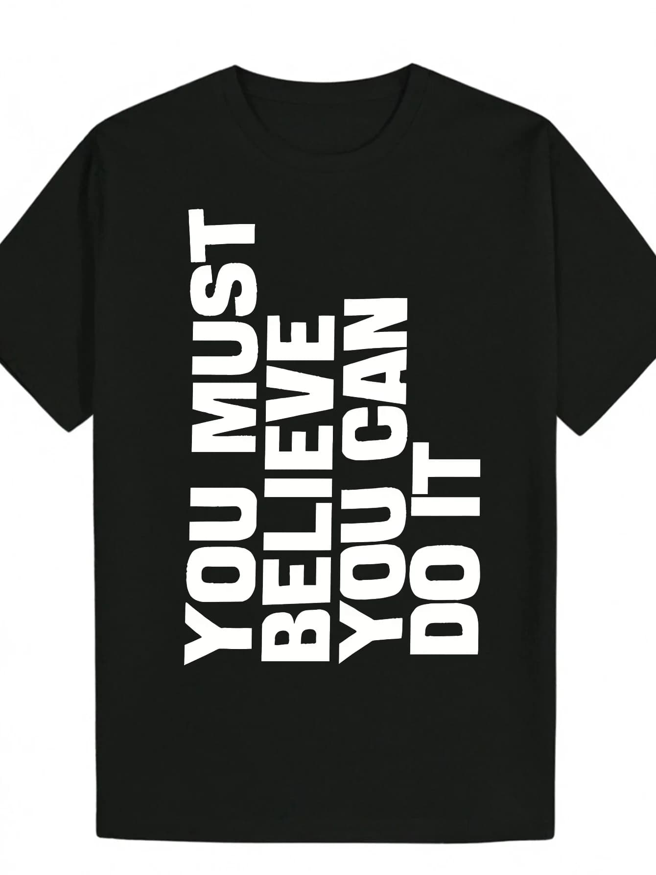 T-shirt leggera da uomo stampata a maniche corte con scollo rotondo, con motivo elegante e lettere nere a carattere grosso su sfondo nero
