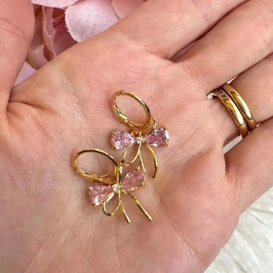 18K Gold Plated, Cute Bowknot Ribbon, Princess-style, Dreamy and Beautiful, Elegant Ballet Fairy Style, Fashionable and Charming Earrings with Full Zircon Stones.