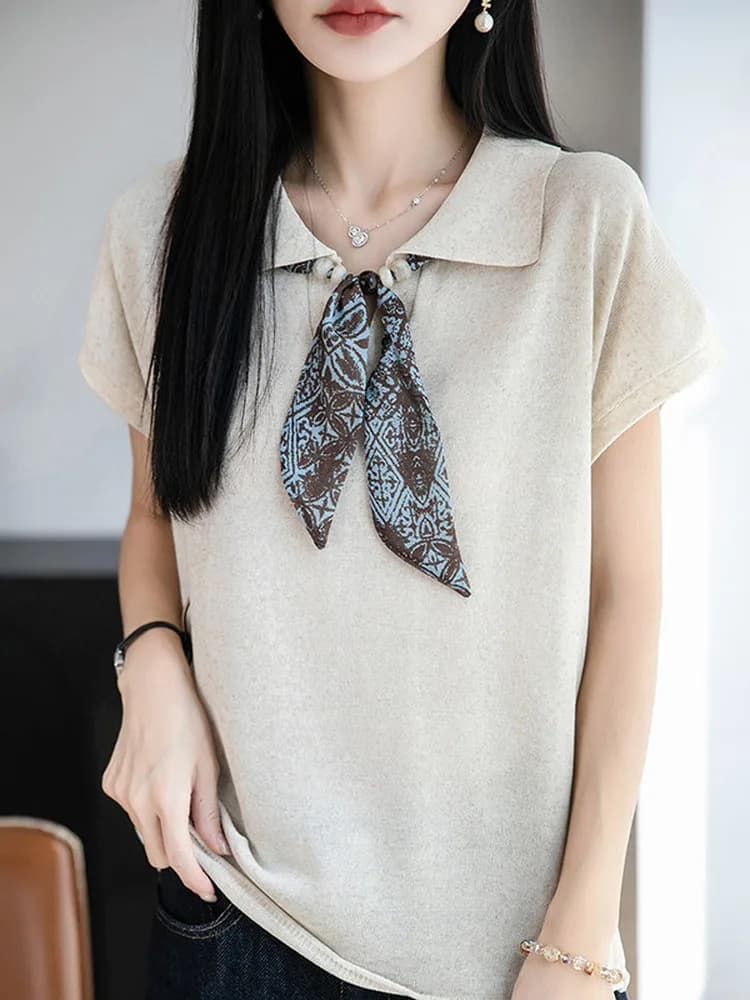 Commute Silk Scarf Neck Knitted Short Sleeve Women Summer Vintage Pearl Shirt Ice Silk Top Casual Style