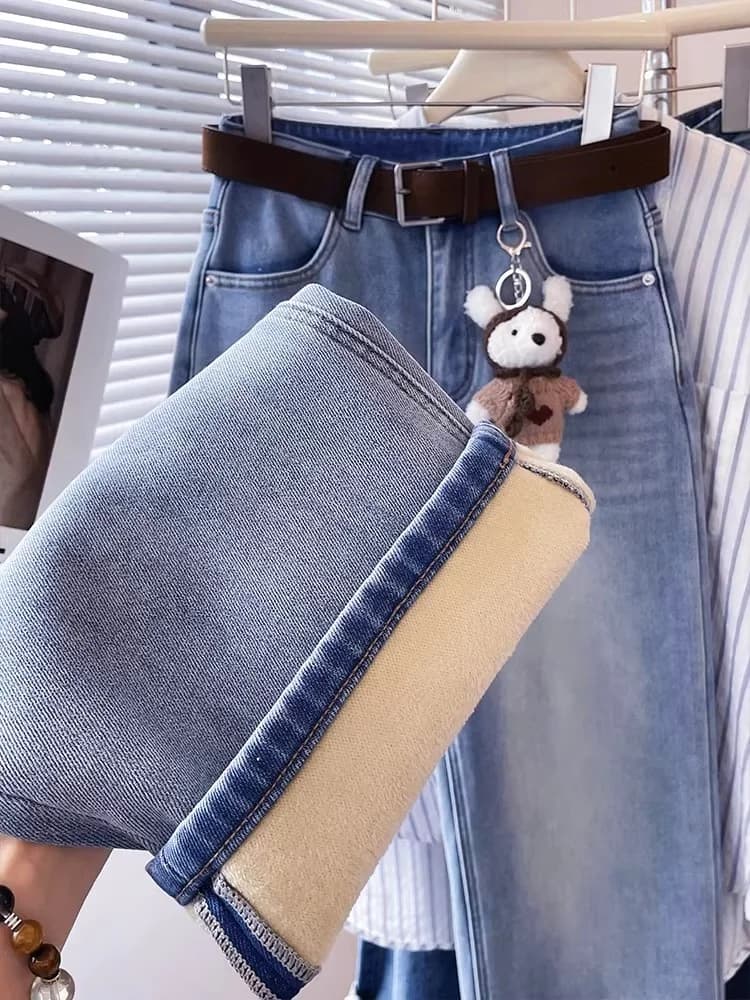High Waist Fleece Lined Straight Leg Jeans Women's Winter New Style Blue Casual Slimming Fashionable Jeans High Waist