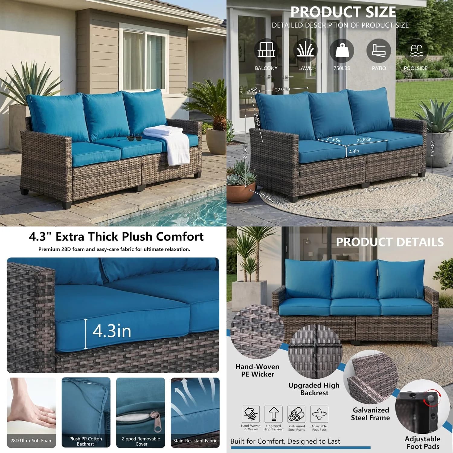 Divano in vimini a 3 posti per tutte le stagioni, schienale ergonomico, cuscini da 4,3 pollici, modulare in 2 pezzi, in rattan per esterni, personalizzabile
