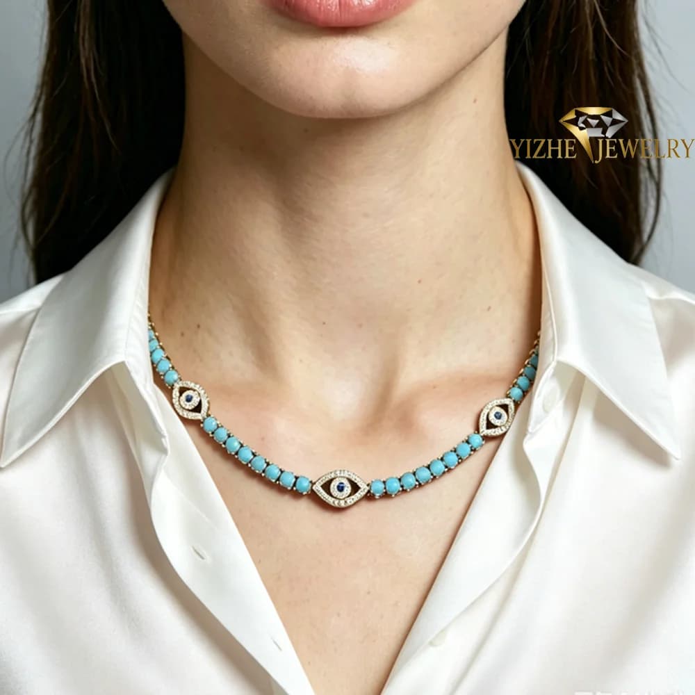 New Fashion Charm Blue Turquoises Stone Tennis Chain Bracelet Necklace For Women High Quality Jewelry