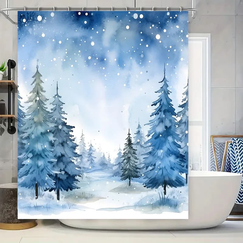 Tenda da doccia acquerello blu foresta alberi decorazione impermeabile per bagno set tappetino da bagno a tema inverno paese delle meraviglie con gancio Ri