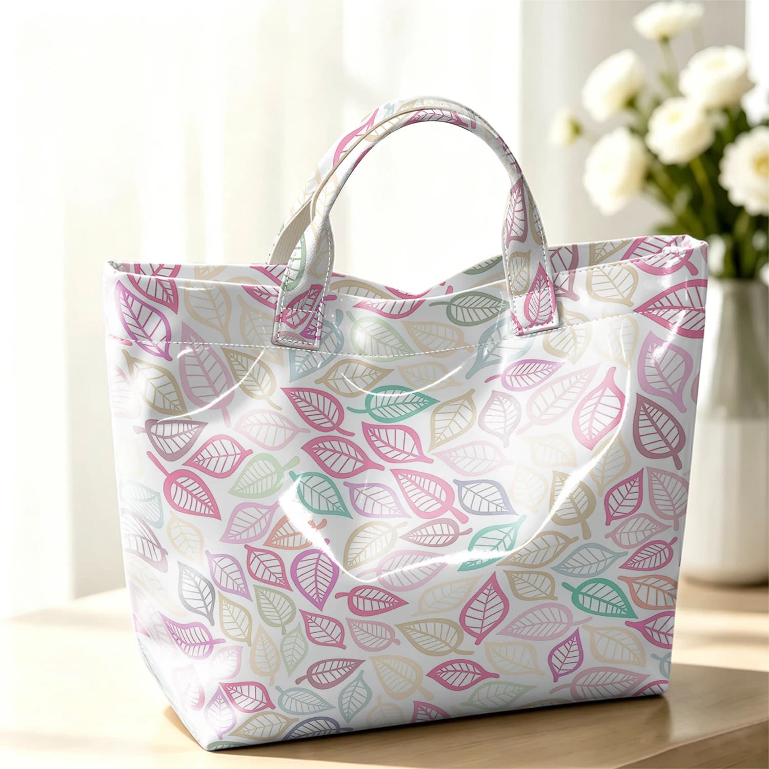 Pastel Leaf Fashion Large Glossy PVC Tote Bag Hand Washable Waterproof Perfect Travel Commute Cosmetic Storage Shopper