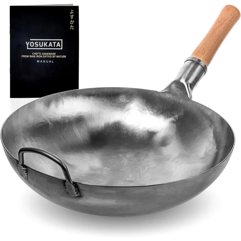 Carbon steel Wok with 14 inch round bottom for iron-fry, barbecue and camping – Traditional hand hammered pan – Only for open fire and gas stove