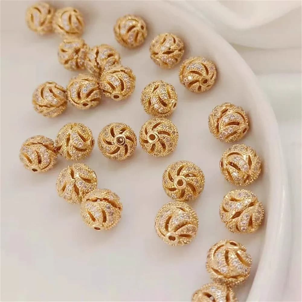 Perline di ortensia a sfera scavate placcate in oro 14 carati, zirconi intarsiati, bracciale in cristallo da 10 mm, collana, gioielli fatti a mano fai-da-te