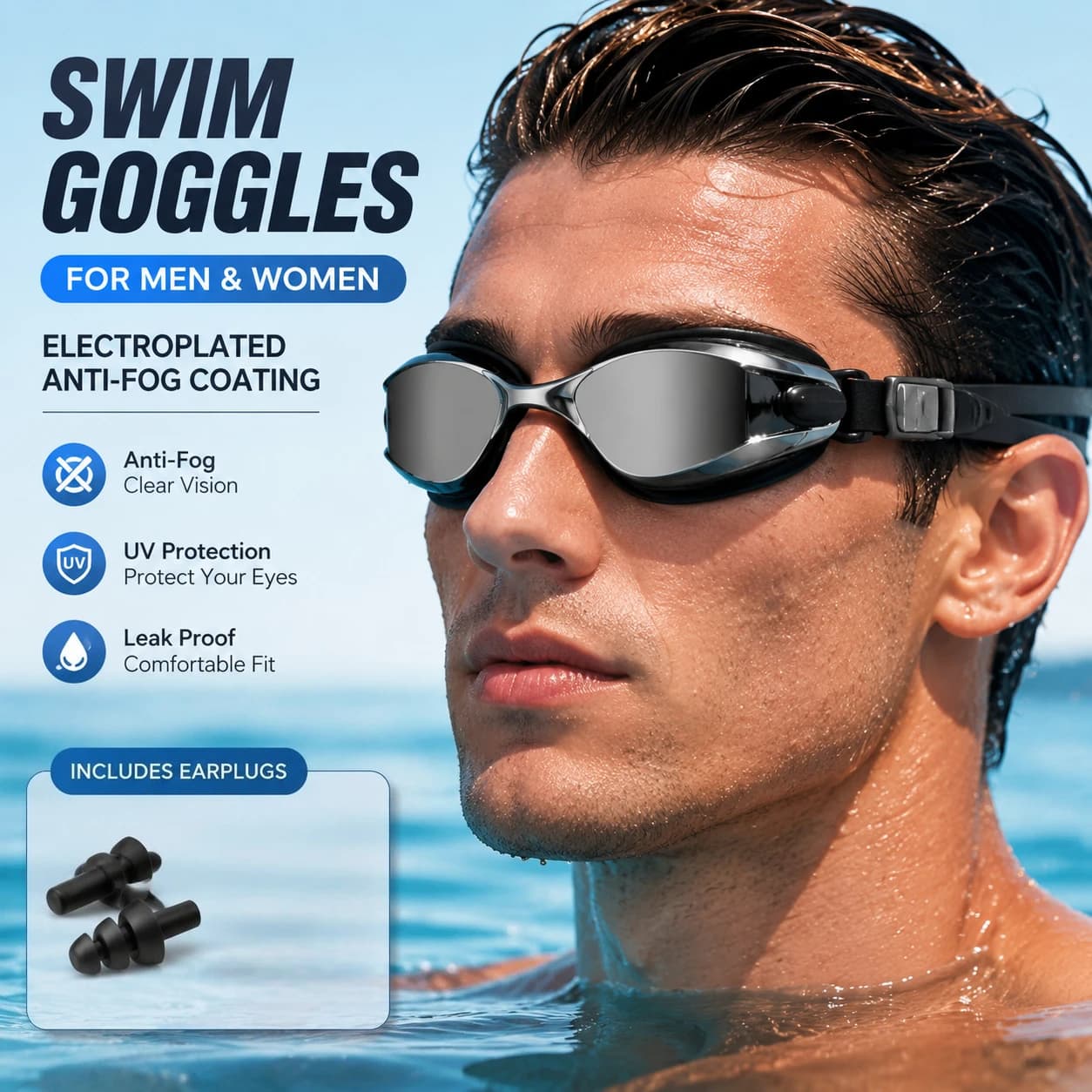 Mirrored Swim Goggles Anti Fog HD Swimming Glasses with Connected Earplugs No Leaking Eyewear for Adults