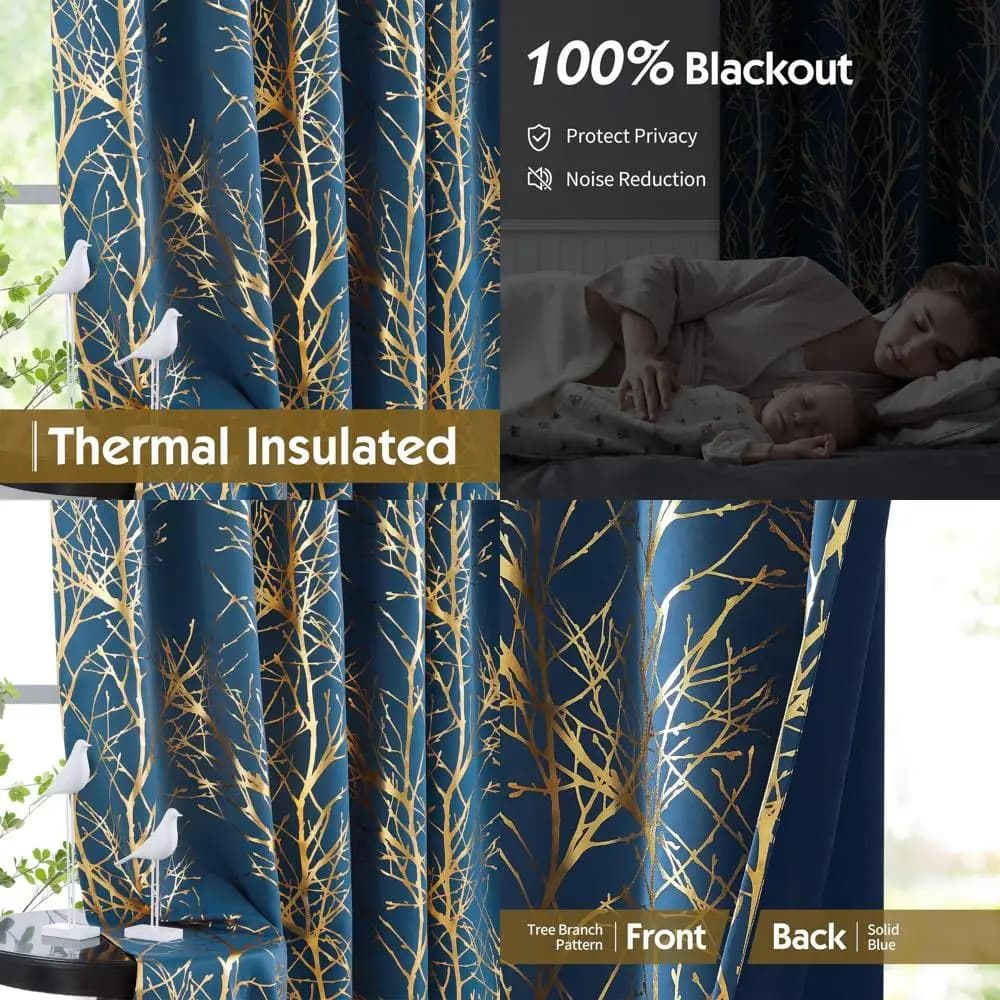 Eleganti 96 tende con stampa di alberi in lamina d'oro e blu per camera da letto e soggiorno, moderni pannelli con anelli di tenuta con ramo metallico