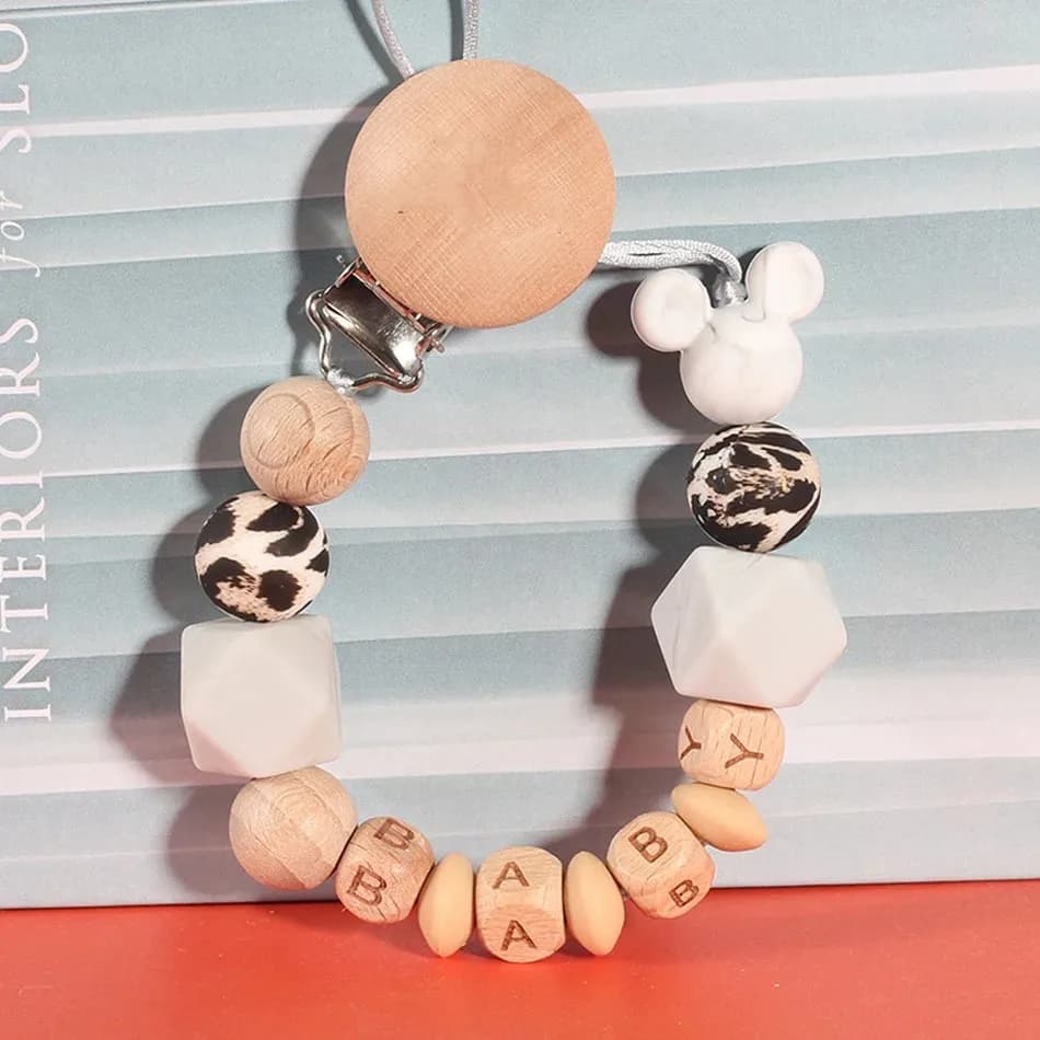 Ciucci in legno siliconico fatti a mano con nome personalizzato per bambini Clip per dentizione Porta ciuccio Catene per ciuccio anti-smarrimento BPA gratuito