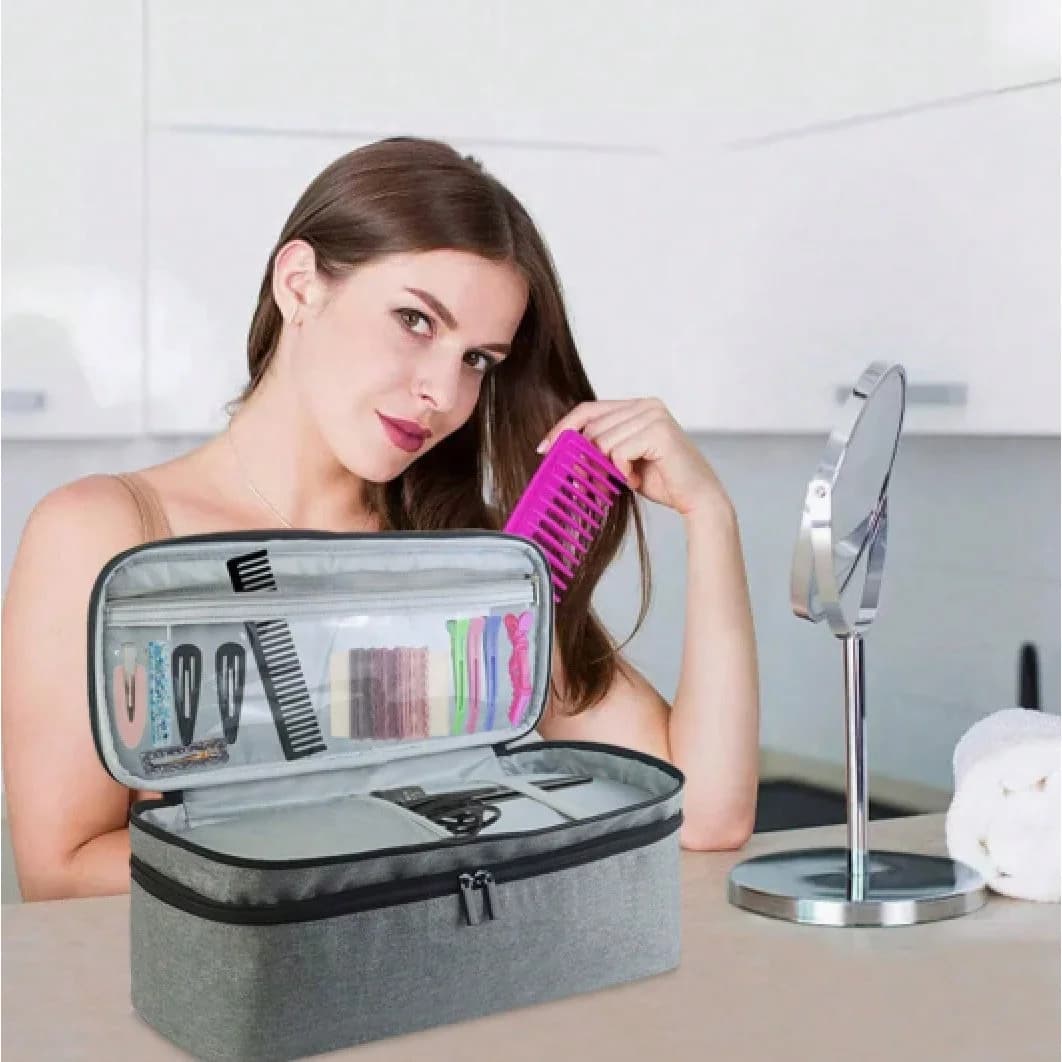 Travel Carrying Case For Hair Brush Styler, 1 Count Double-Layer Soft Storage Bag, HomeOrganizer For Hair Straightener Comb, One-Step Hair Dryer Comb Separator And Hot AirBrush, Black
