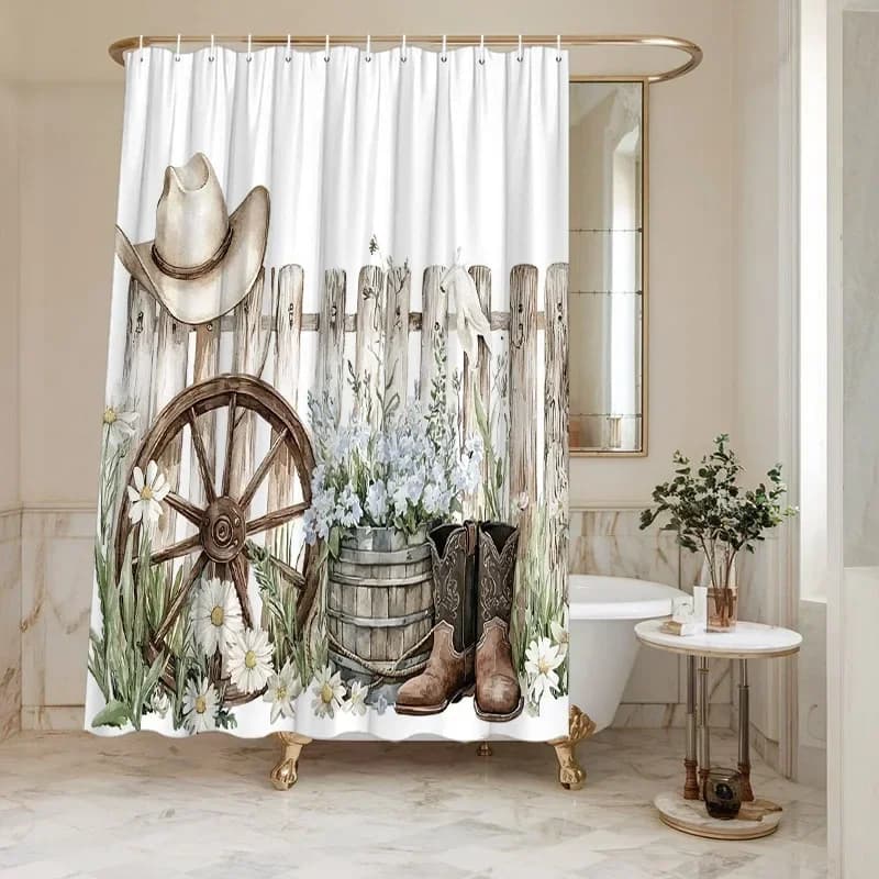 Tenda da doccia rustica occidentale da 1 pezzo, ruota di carro in legno e design da cowboy, margherite di fiori di campo, arredamento durevole per il bagno