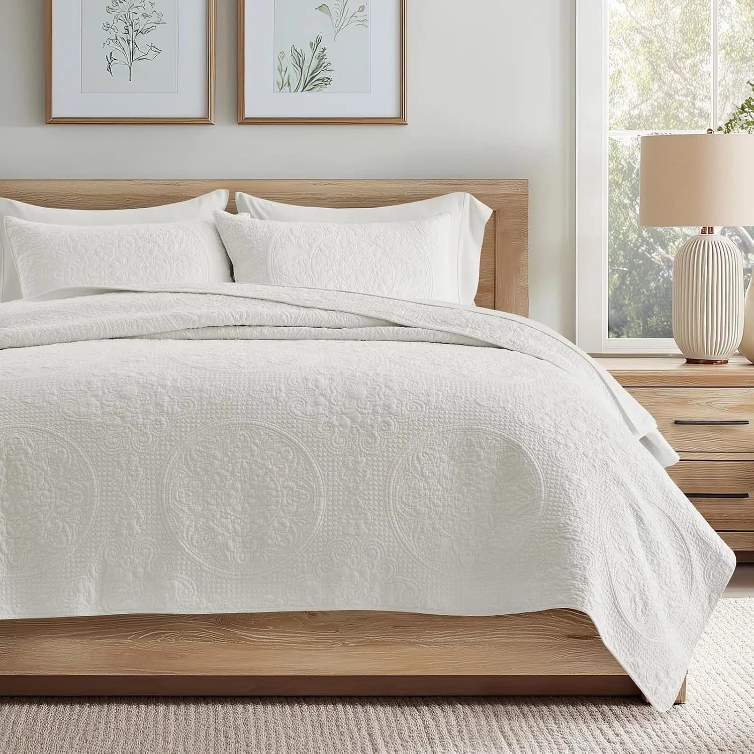 100% Cotton Medallion Quilt Set Queen Size, 3-Piece Lightweight Breathable Bedspread with Pillow Shams, Soft All-Season Coverlet, Bright White