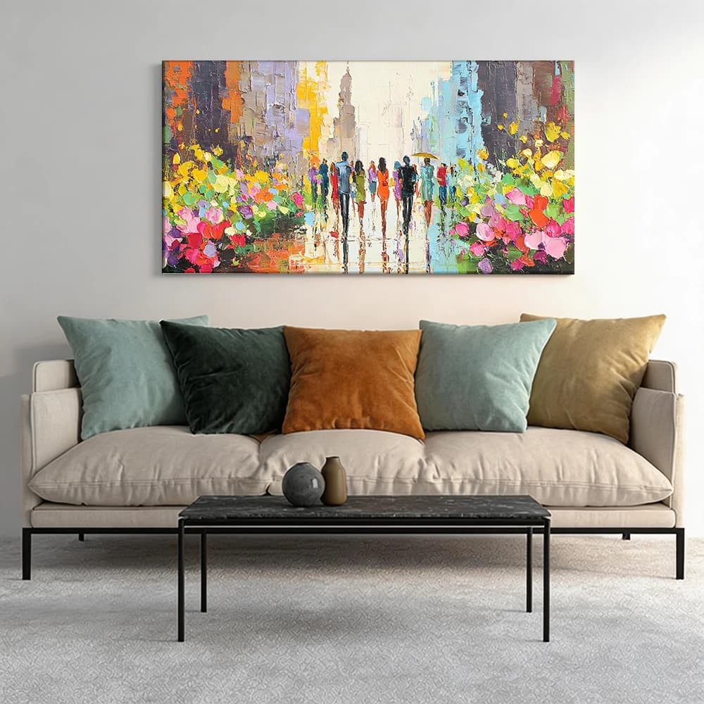 Painted on canvas with large wooden frame, 1 piece. Vibrant street scene, urban scene.
